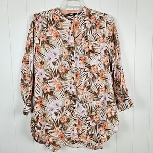 Lands End Womens 1X Linen A-Line Long Sleeve Tunic Top White Tropical Floral